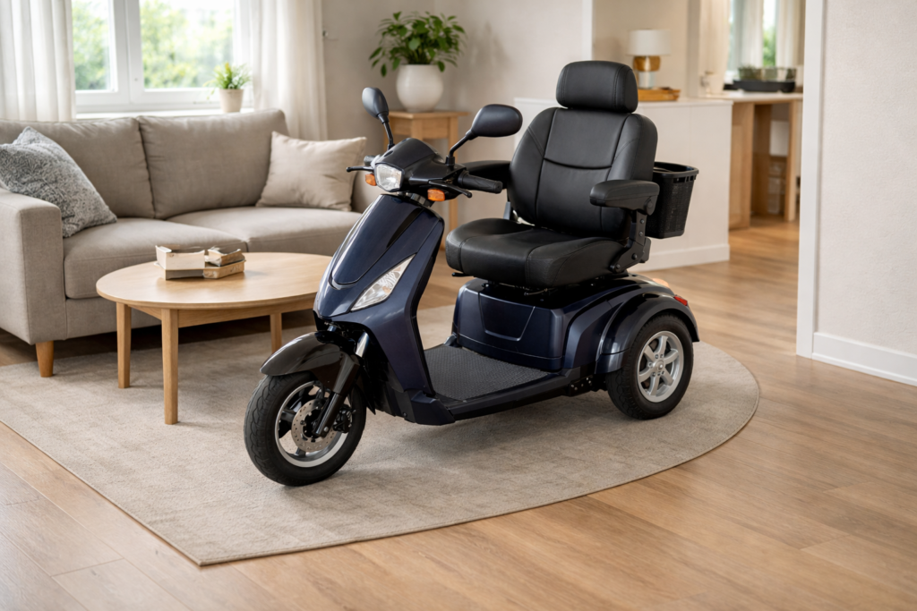 3-wheel mobility scooter demonstrating tight turning radius inside a home