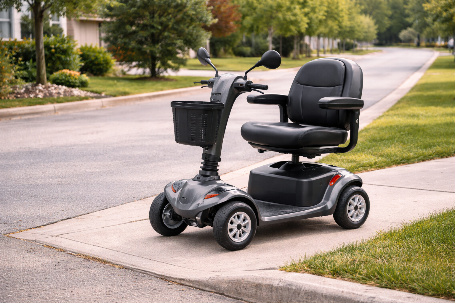 Four-wheel mobility scooter positioned on suburban footpath near curb ramp